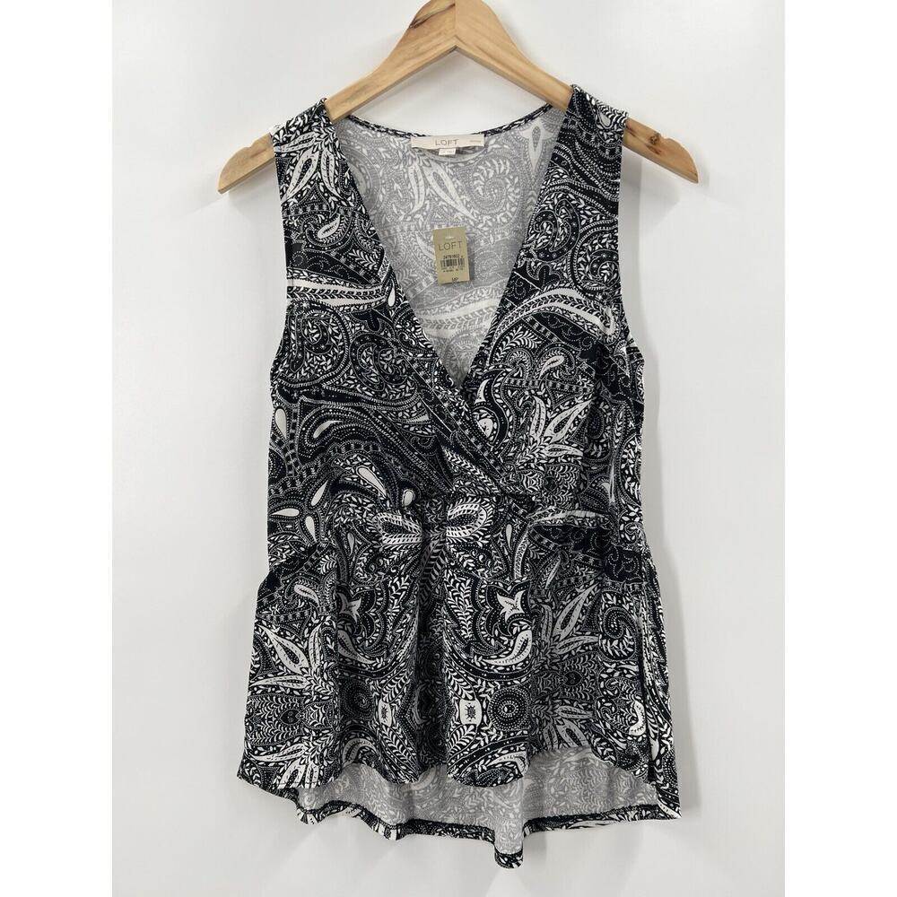 LOFT Women’s Sleeveless Mock Wrap Hi Low Peplum Blouse B/W Paisley Size MP NWT